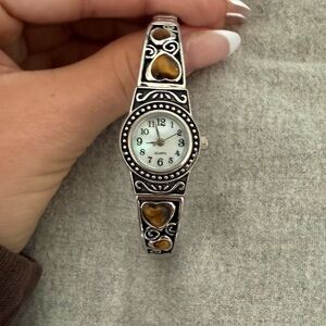 Silver and Brown Stone Heart Women's Watch Battery Working